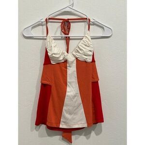 Bebe Colorblock Halter Tank Top With Tie Back Detail Red/Orange/Ivory S